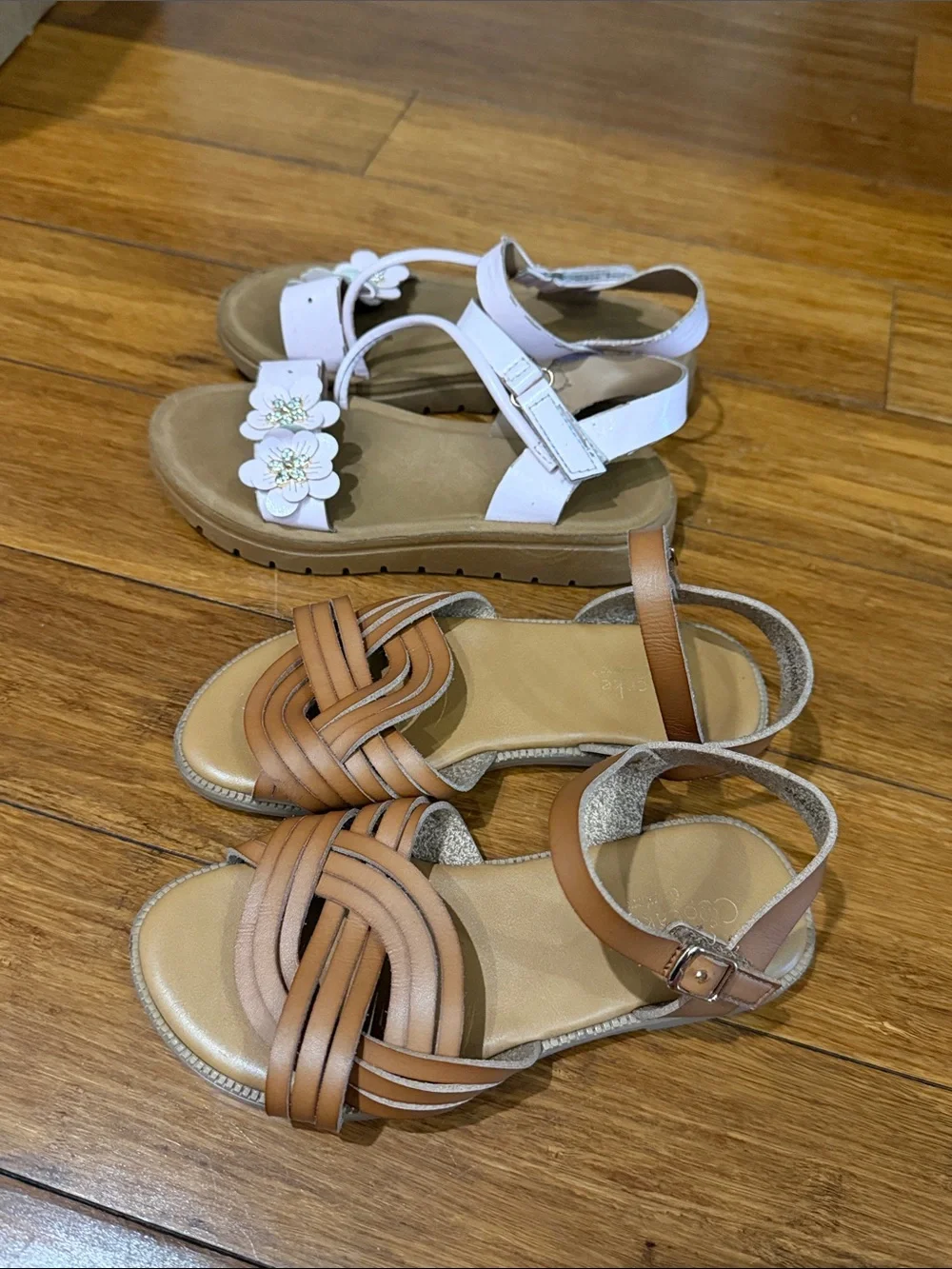 Bundle 2x Girl pink Floral Sandals and Tan Braided Strap Sandals size 12